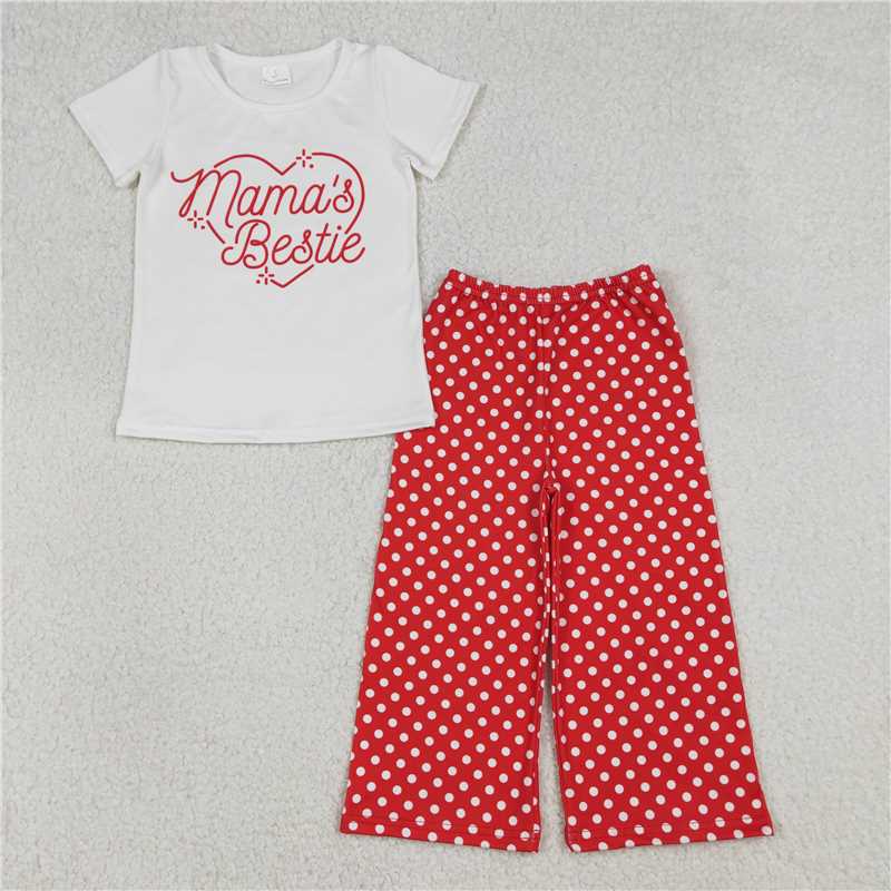 X1.7 GSPO2250 Mama's Bestie White Short-Sleeve Shirt with Polka Dots and Red Pants Suit