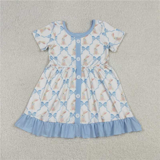 X1.8GSD3416 Blue Lace Button Short-Sleeve Dress with Rabbit Bow Pattern