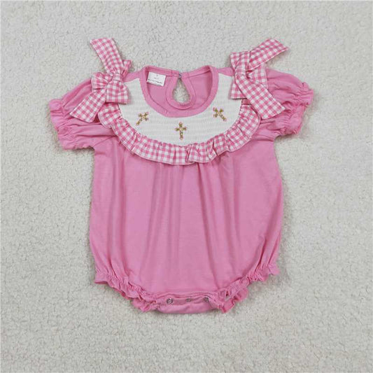SR3250 Embroidered Cross Pink and White Checkered Lace Short-Sleeved Jumpsuit