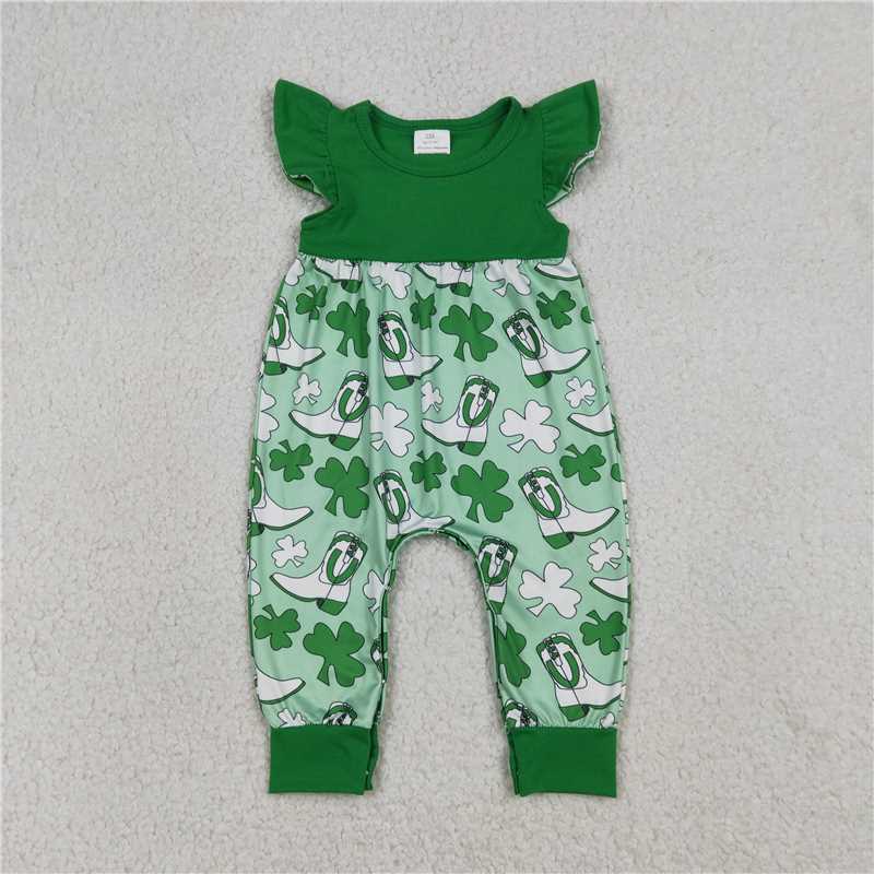 X1.9  SR3783 Boot-style four-leaf clover green jumpsuit with flutter sleeves