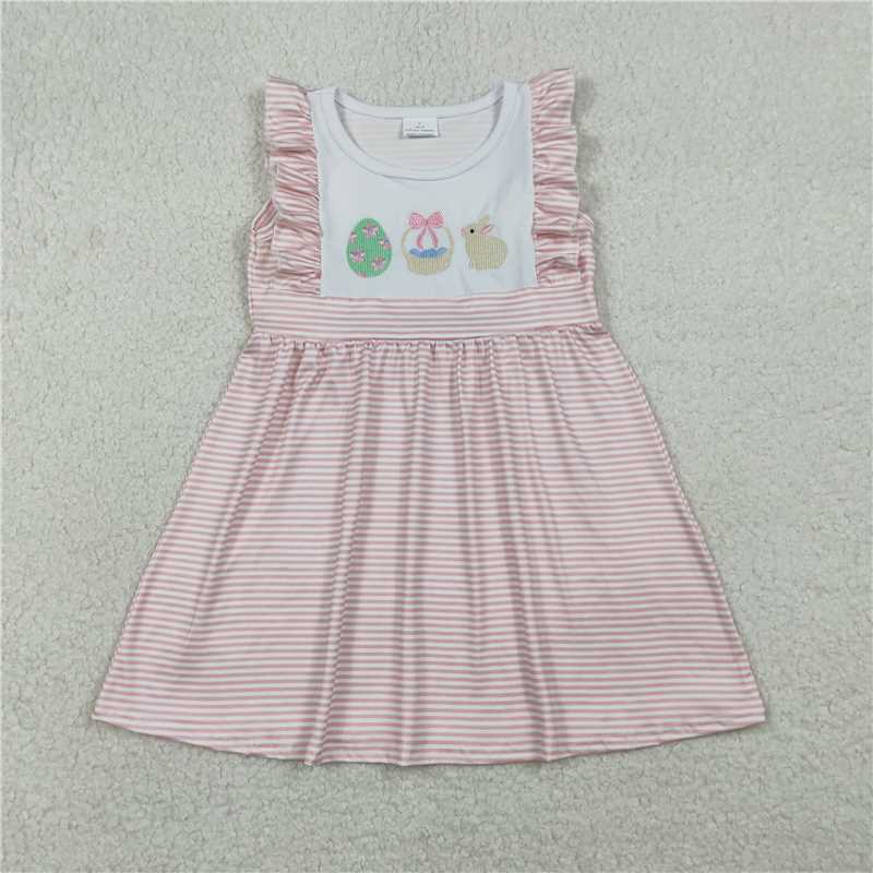 X1.17  GSD2957 Embroidered Easter Flower Egg Basket Bunny Pink Striped Sleeveless Dress