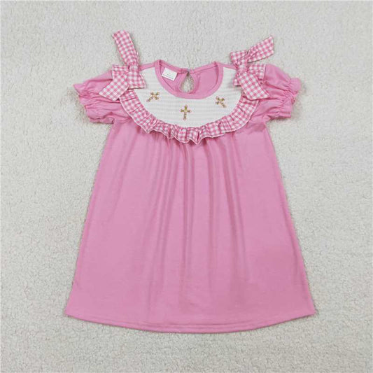 X1.17  GSD3178 Embroidered cross pink and white checkered lace short-sleeved dress
