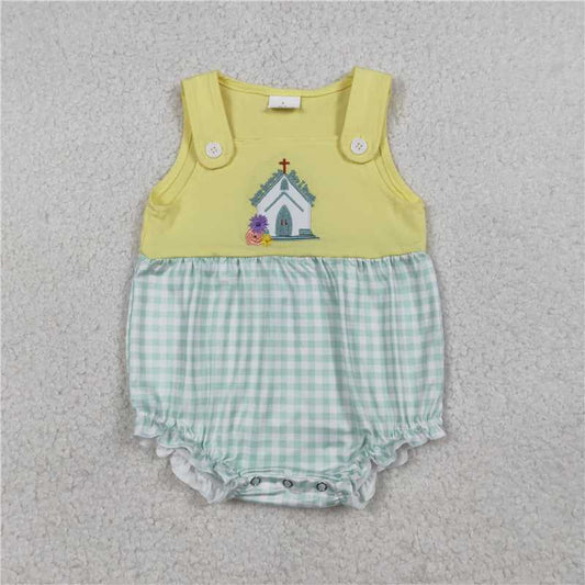 SR3704 Embroidered Cross Flower Green Plaid Yellow Vest Jumpsuit