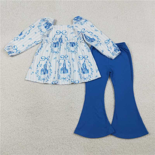 X1.19  GLP3283 Blue Striped Long-Sleeved Trousers Set with Bow Pattern and Castle Design