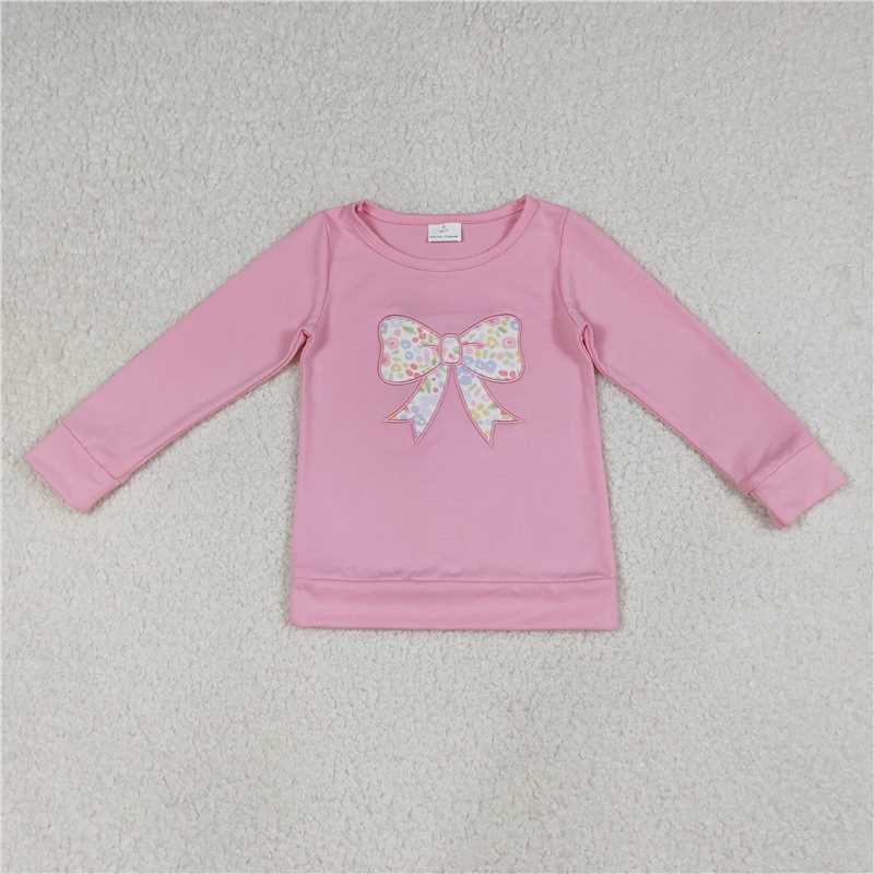 GT1537 Embroidered Floral Print Pink Long-Sleeved Top with Bow Pattern