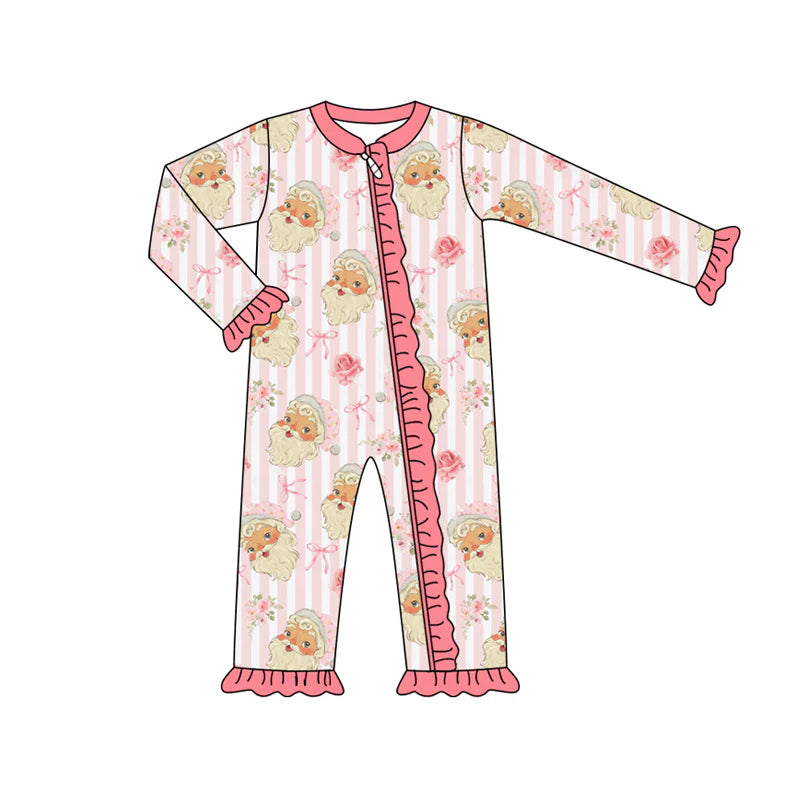 7.16Preorder (moq 5)Baby Girls Long Sleeves Pink Bows Santa Stripes Ruffle Zipper Romper