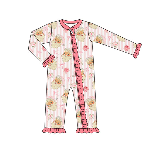 7.16Preorder (moq 5)Baby Girls Long Sleeves Pink Bows Santa Stripes Ruffle Zipper Romper