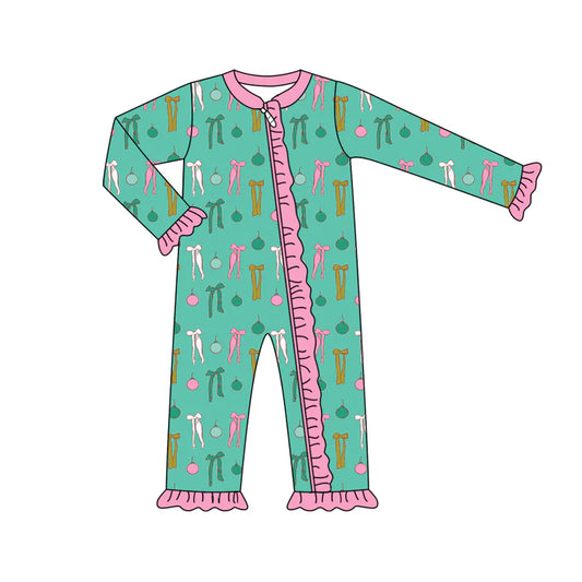 7.15Preorder (moq 5)Baby Girls Long Sleeves Green Lights Bows Plaid Ruffle Zipper Romper