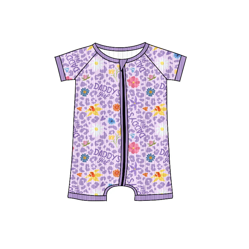 7.15Preorder (moq 5)Baby Girls Long Sleeves Lavender Short Sleeves Daddy's Girls Flowers Zipper Romper