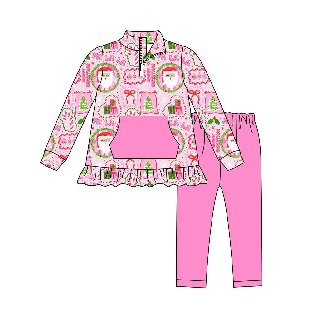 7.21Preorder (moq 5)Baby Girls Long Sleeves Pink Bows Santa Pocket Zipper Top Legging Pants Set