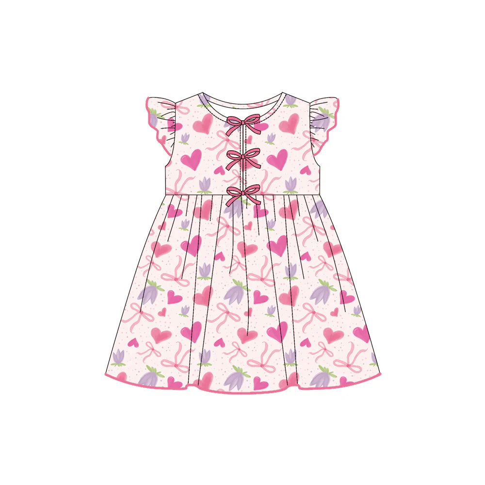 7.21Preorder (moq 5)Baby Girls Flutter Sleeves Pink Bows Hearts Flowers Knee Length Dresses