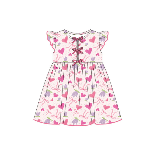 7.21Preorder (moq 5)Baby Girls Flutter Sleeves Pink Bows Hearts Flowers Knee Length Dresses