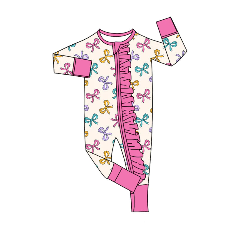8.4Preorder(moq 5)Baby Infant Girls Colorful Bows Plaid Ruffle Zipper Rompers