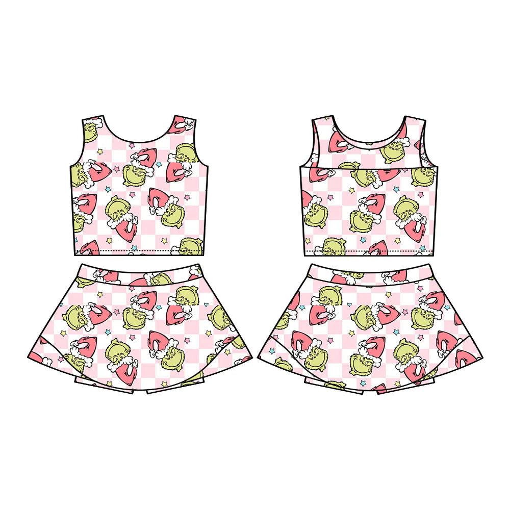 7.22Preorder (moq 5)Baby Girls Sleeveless Green Faces Plaid Vest Top Skorts Set