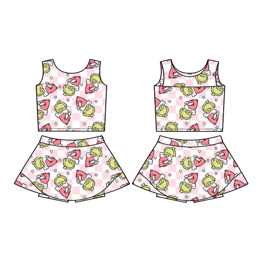 7.22Preorder (moq 5)Baby Girls Sleeveless Green Faces Plaid Vest Top Skorts Set