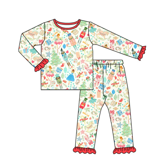 7.30Preorder(moq 5) Baby Girls Long Ruffle Sleeves Christmas Trees Soldiers Top Pants Pajamas Set