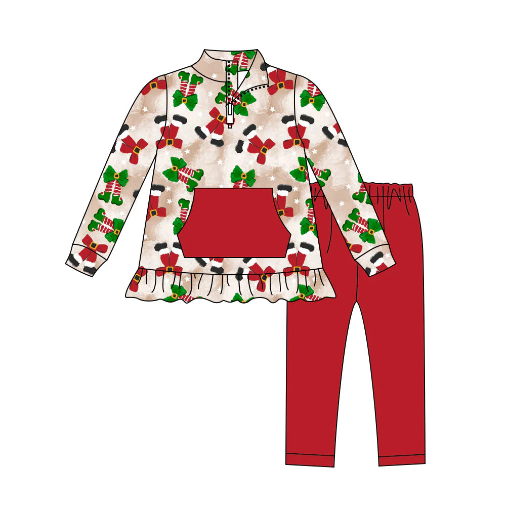 7.21Preorder (moq 5)Baby Girls Long Sleeves Green Red Socks Pocket Zipper Top Legging Pants Set