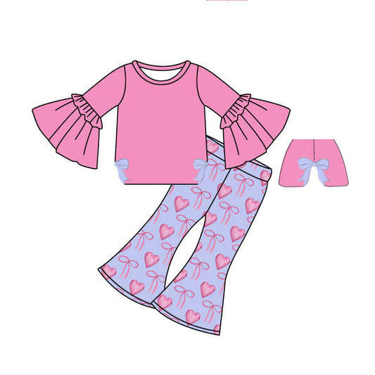 X925Preorder (moq 5)Baby Girls Pink Bell Sleeve Shirts Bows Hearts Bell Bottom Pants Valentine Clothes Sets