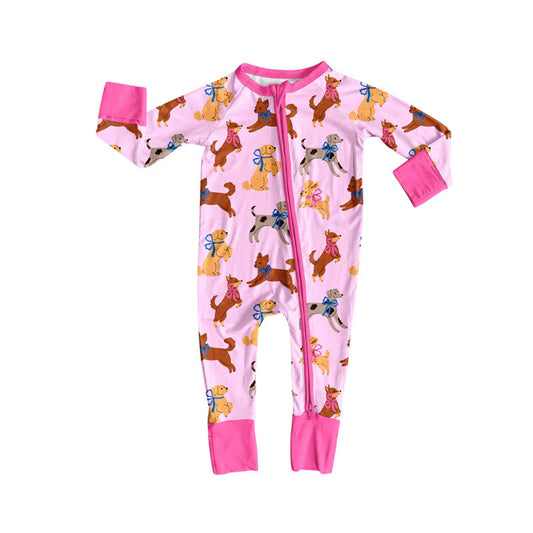 X924Preorder (moq 5)Baby Girls Bows Dogs Valentine Zipper Footie Rompers