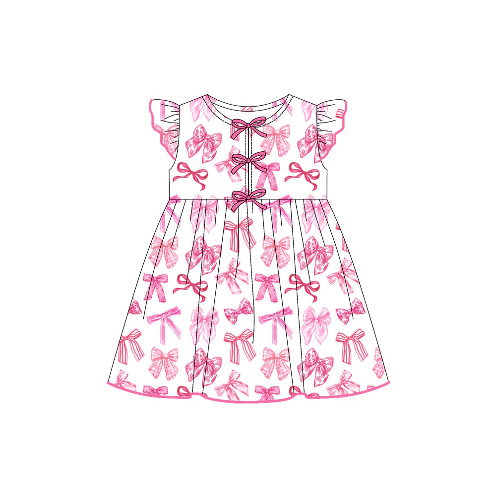7.21Preorder (moq 5)Baby Girls Flutter Sleeves Pink Bows Plaid Knee Length Dresses