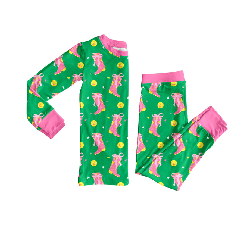 8.4Preorder (moq 5)Baby Girls Bows Boots Smiles Plaid Top Pant Pajamas Set