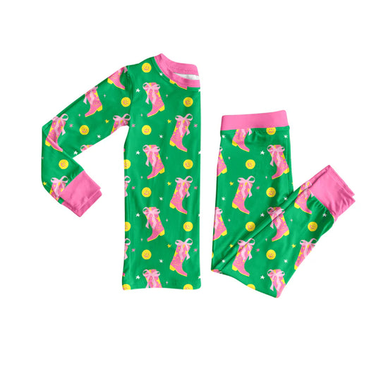 8.4Preorder (moq 5)Baby Girls Bows Boots Smiles Plaid Top Pant Pajamas Set