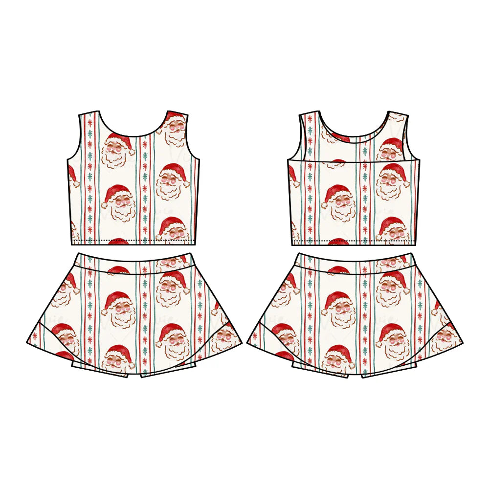 7.22Preorder (moq 5)Baby Girls Sleeveless Santa Snowflake Stripes Vest Top Skorts Set