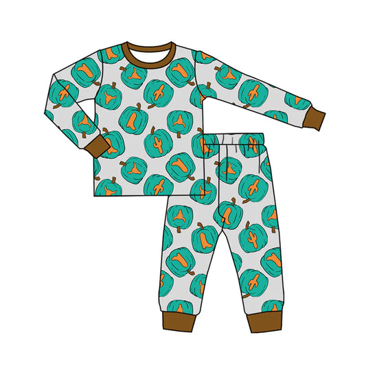 7.30Preorder(moq 5) Baby Boys Long Sleeves Cactus Bull Skull Pumpkins Top Pants Pajamas Set