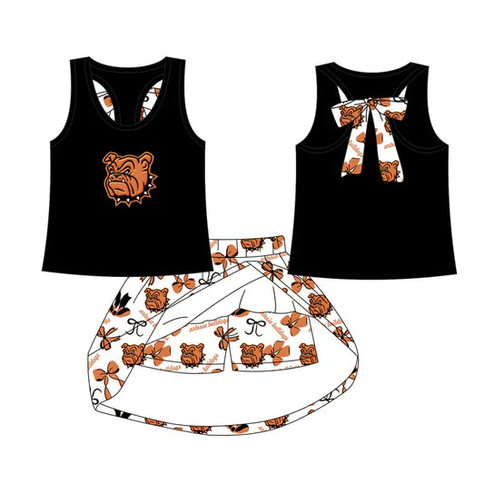 7.31moq 5 preorder Baby Girls Black Sleeveless Bulldogs Vest Top Bows Plaid Short Skirts Team Set