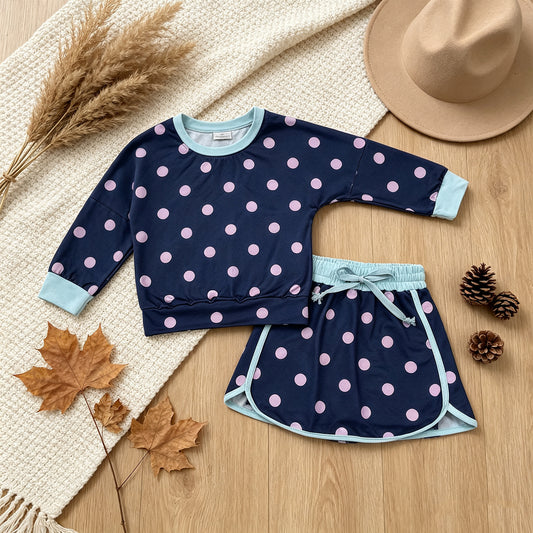 NEW RTS NO MOQ milk silk GLD1762 Baby Girls Navy Polka Dots Long Sleeve Shirt Top Skirt Short Clothes Set