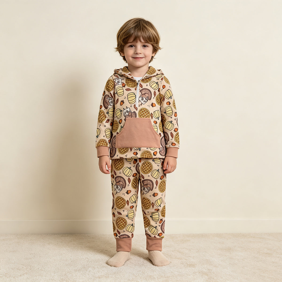 NEW RTS NO MOQ milk silk BLP1504 Baby Boys Pumpkins Turkey Zip Pickets Hoodie Joggers Thanksgivings Clothes Set