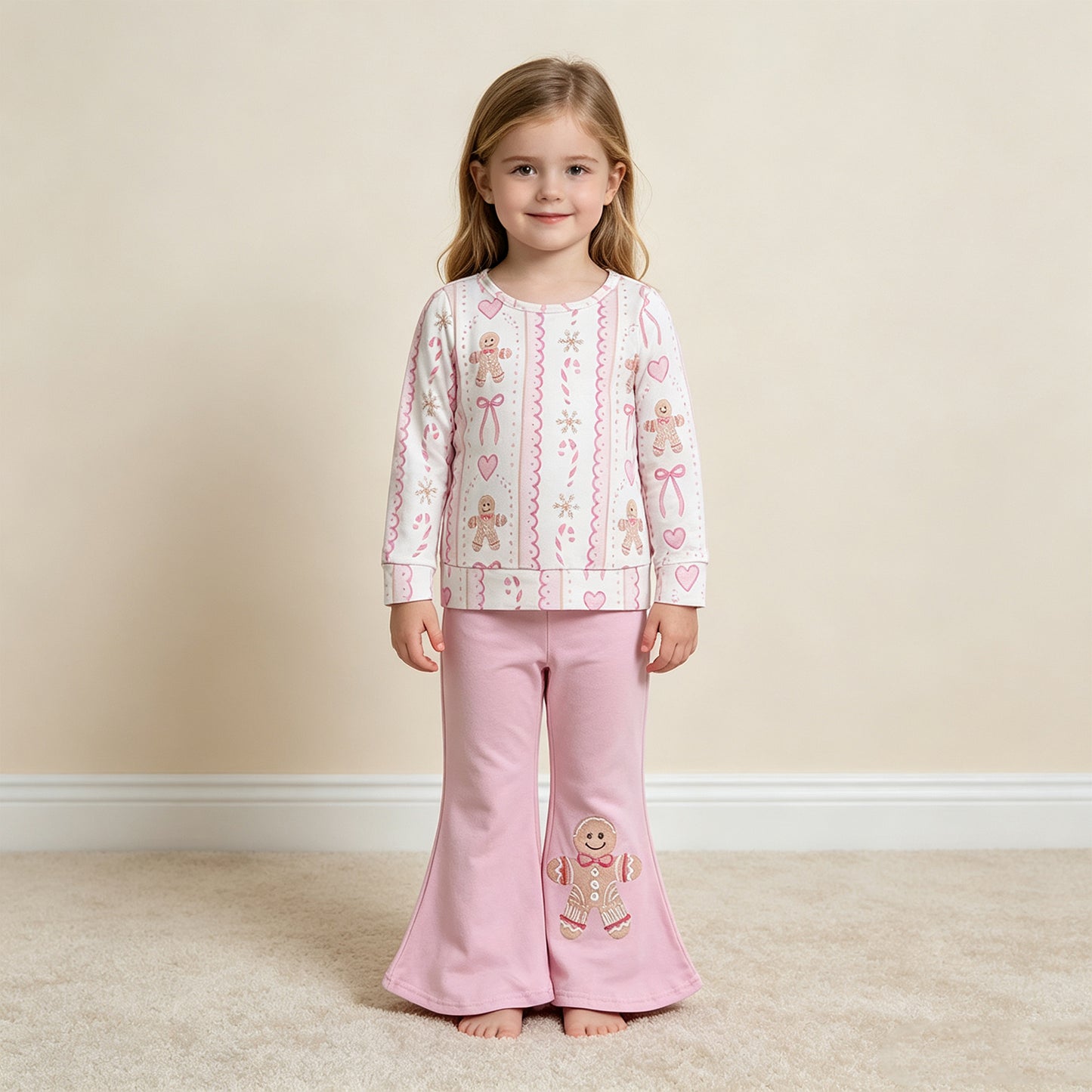 NEW RTS NO MOQ milk silk GLP3540 Baby Girls Pink Gingerbread Candy Cane Bow Print Long Sleeve Top Pink Flare Bell Bottom Pants Christmas Outfit