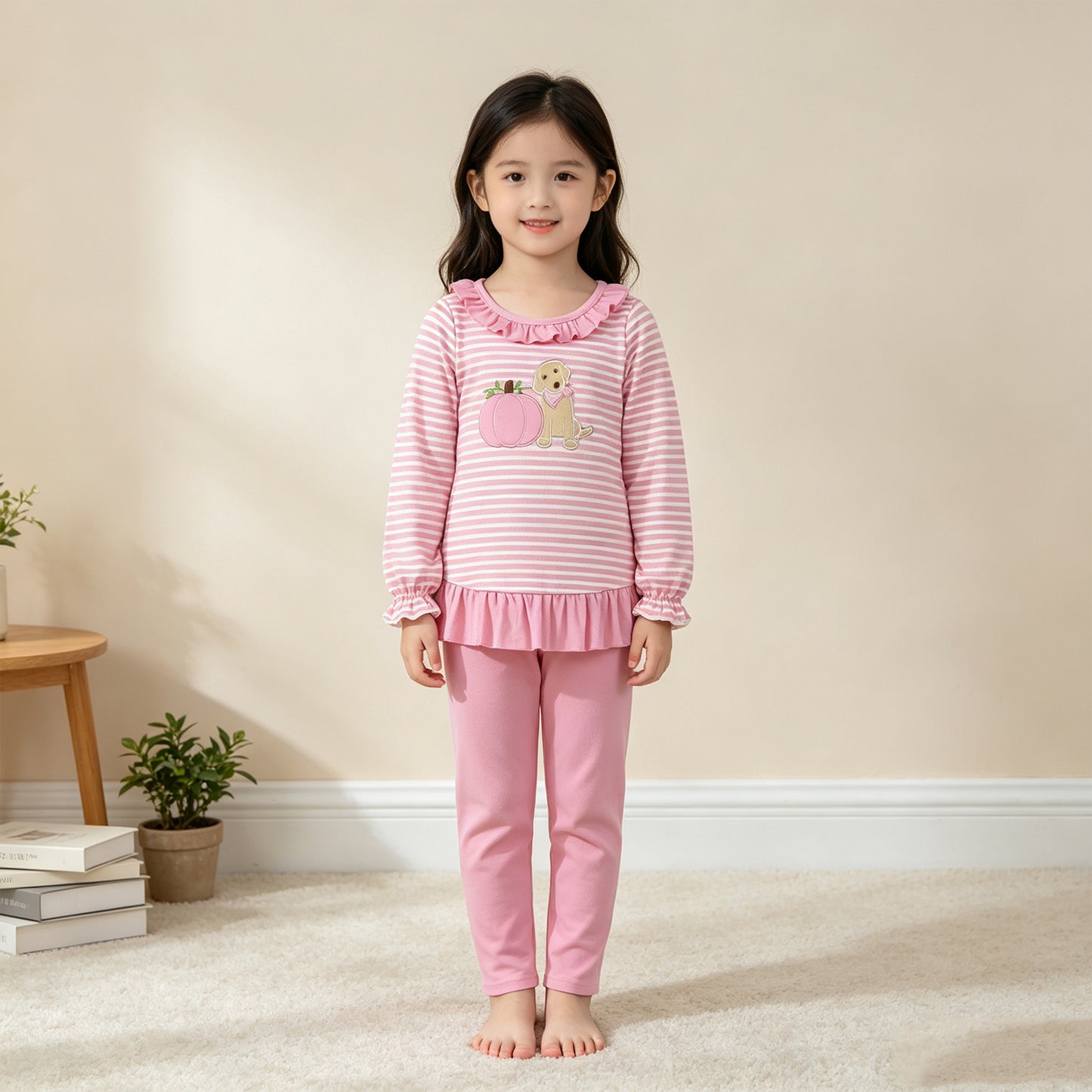 NEW RTS NO MOQ milk silk GLP3480 Embroidery Baby Girls Pink Stripe Pumpkin Dog Print Long Sleeve Tunic Legging Fall Outfit Set