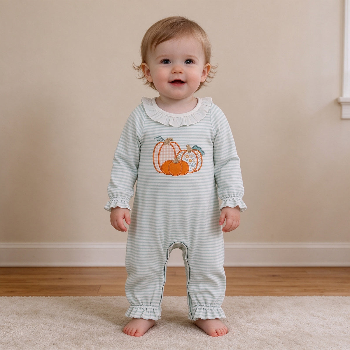 NEW RTS NO MOQ milk silk LR3137 Embroidery Flower Pumpkins Baby Girls Green Stripe Fall Pant Rompers