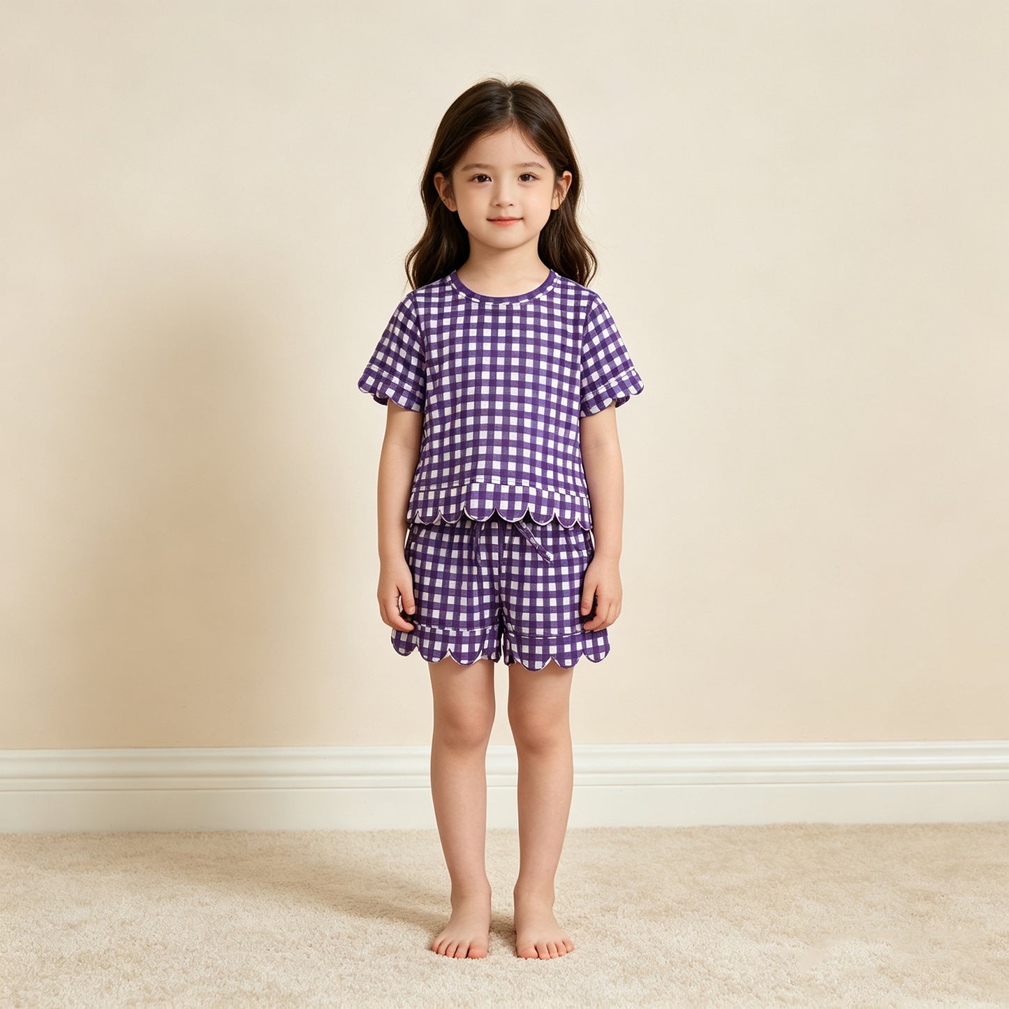 NEW RTS NO MOQ milk silk GSSO3841 Baby Girls Purple Checked Top Pockets Short Scallop Clothes Set