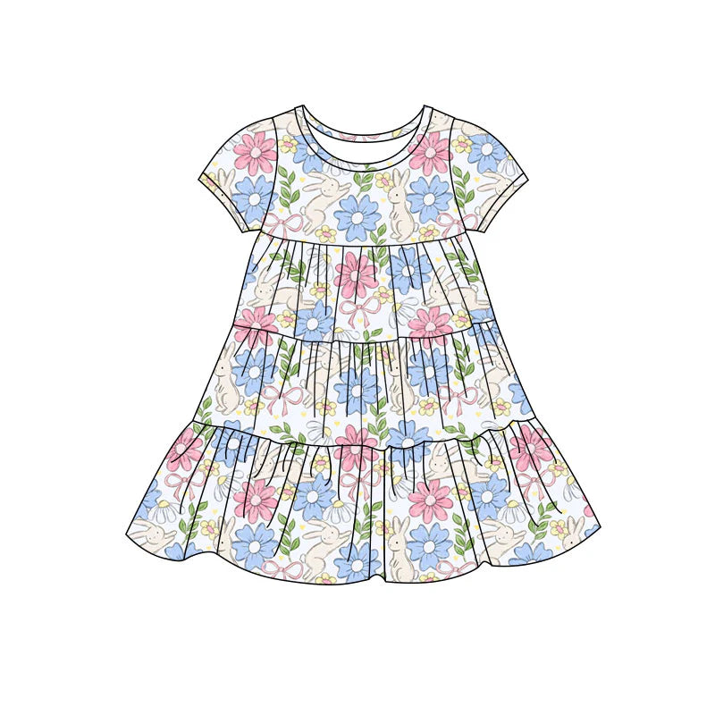 X11.22Preorder(moq 5) Baby Girls Flowers Rabbits Easter Patchwork Ruffle Knee Length Dresses