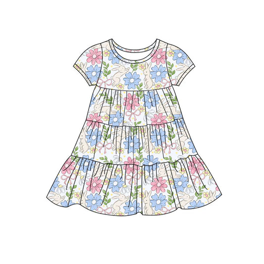 X11.22Preorder(moq 5) Baby Girls Flowers Rabbits Easter Patchwork Ruffle Knee Length Dresses