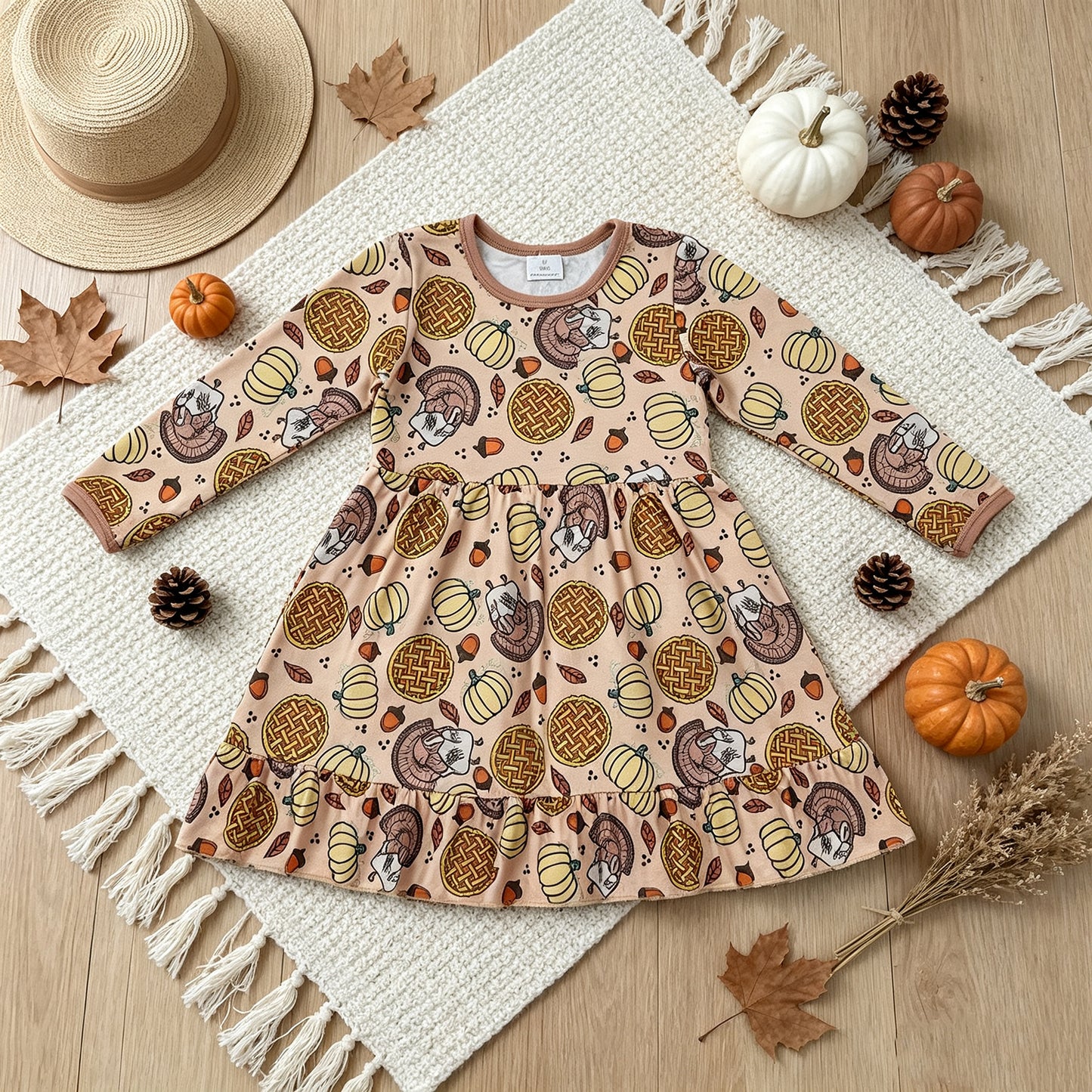 NEW RTS NO MOQ milk silk GLD1691 Baby Girls Pumpkins Turkey Thanksgivings Ruffle Knee Length Dress