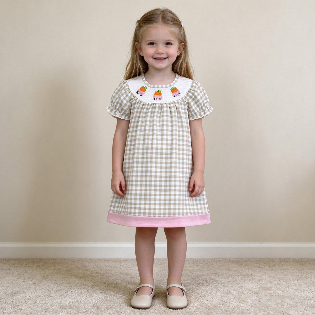NEW RTS NO MOQ milk silk GSD4258 Smocked Pumpkins Trucks Baby Girls Khaki Checked Fall Knee Length Dresses