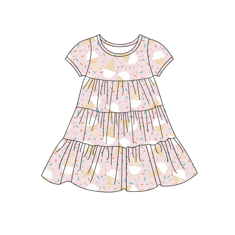 X11.22Preorder(moq 5) Baby Girls Rabbits Sprinkles Easter Patchwork Ruffle Knee Length Dresses
