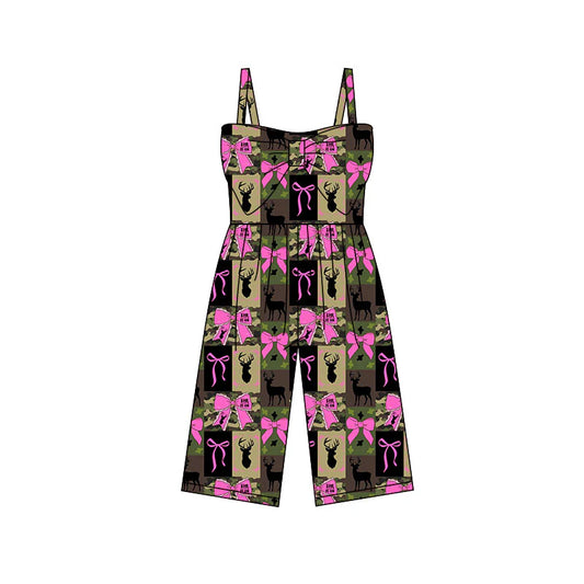 X11.25Preorder (moq 5)Baby Girls Green Camo Deer Checked Bows Hunting Pants Jumpsuits