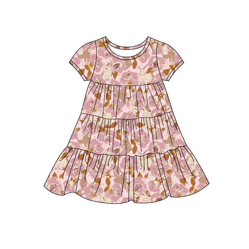 X11.22Preorder(moq 5) Baby Girls Rabbits Floral Easter Patchwork Ruffle Knee Length Dresses