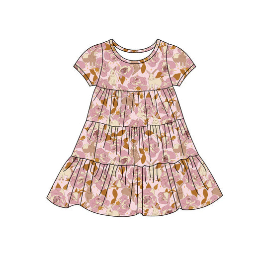X11.22Preorder(moq 5) Baby Girls Rabbits Floral Easter Patchwork Ruffle Knee Length Dresses