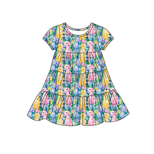 X11.22 Preorder(moq 5) Baby Girls Sheeps Floral Patchwork Ruffle Knee Length Dresses