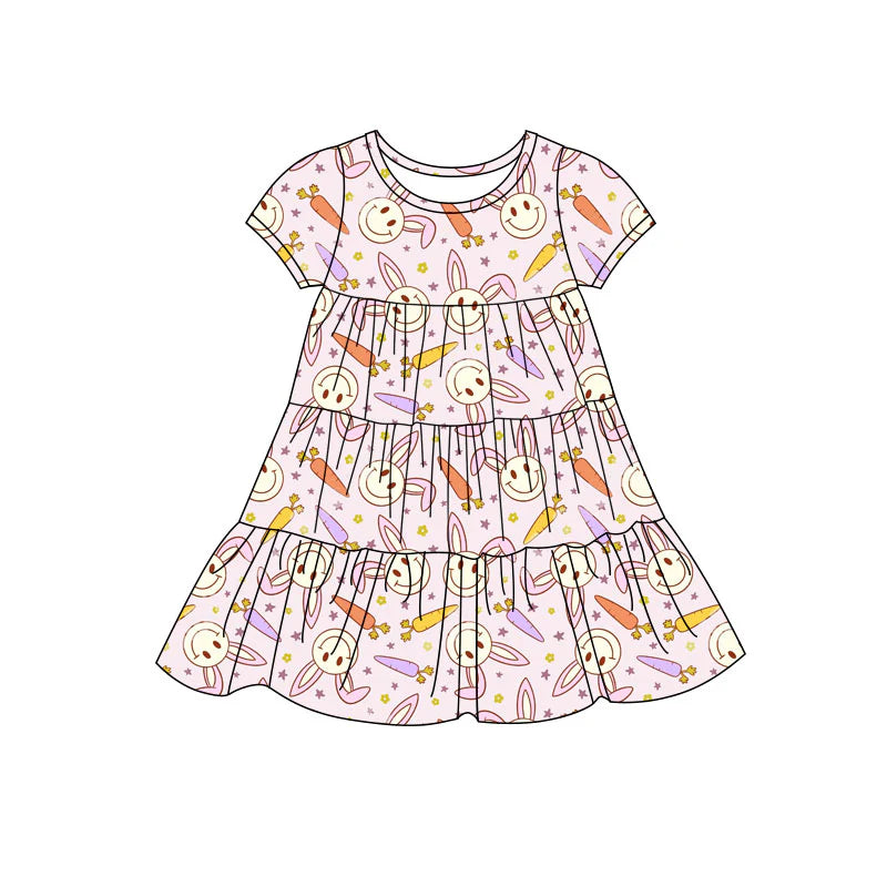 X11.24Preorder(moq 5) Baby Girls Rabbits Carrots Easter Patchwork Ruffle Knee Length Dresses