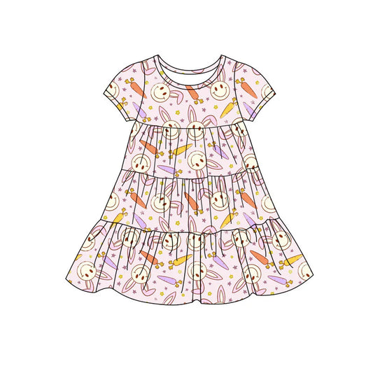 X11.24Preorder(moq 5) Baby Girls Rabbits Carrots Easter Patchwork Ruffle Knee Length Dresses