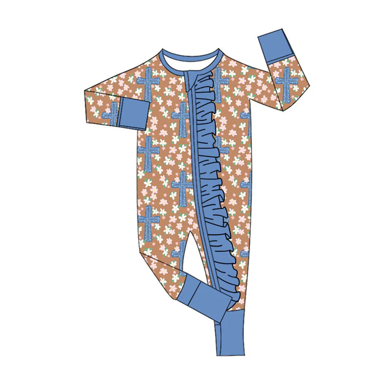 X922Preorder (moq 5)Baby Girls Flowers Crosses Easter Ruffle Zipper Footie Rompers