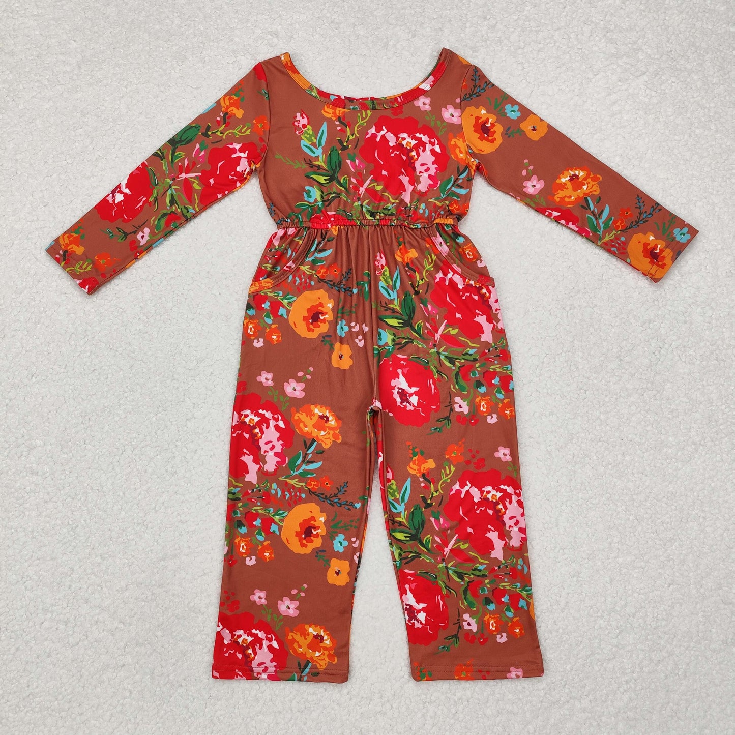 LR1834 Pocket flower leaf brown long-sleeved jumpsuit