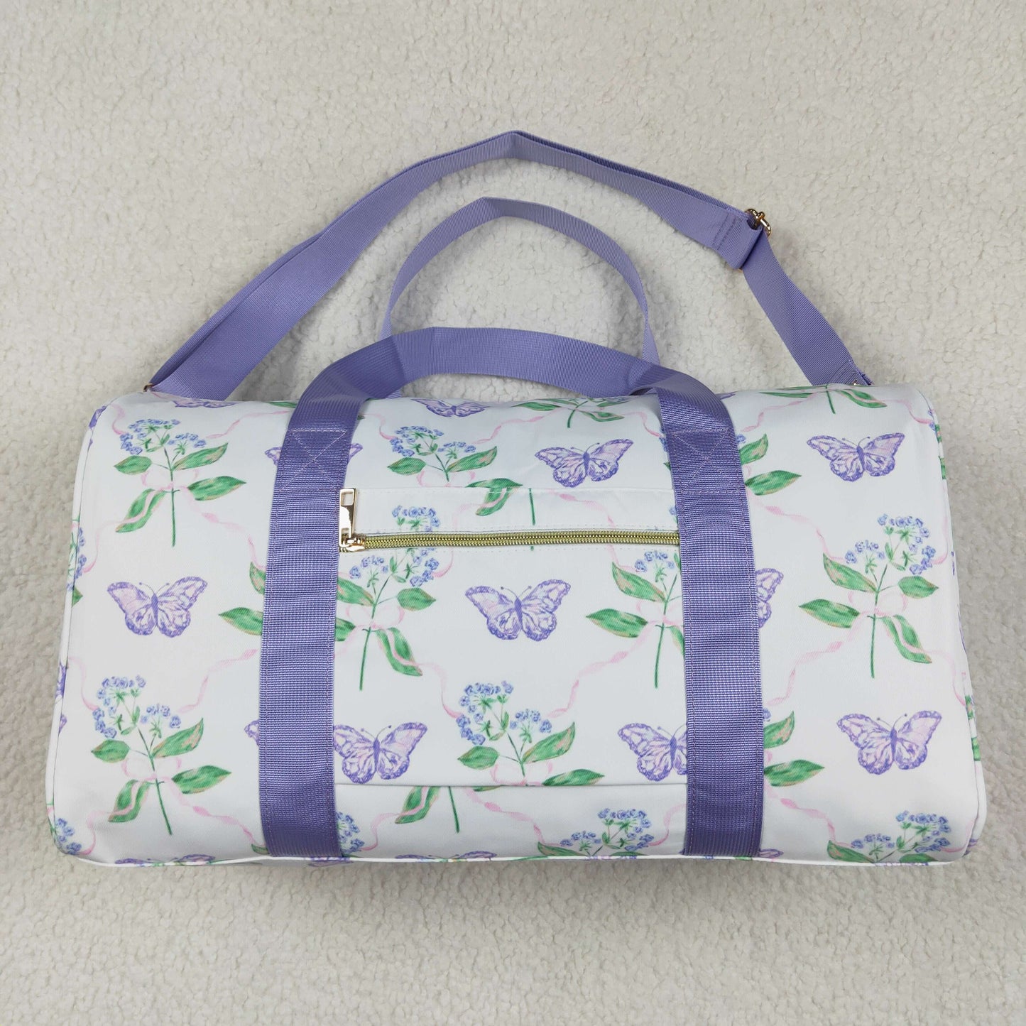 4.19 BA0293 Flowers, leaves, butterflies, purple lace, white gym bag