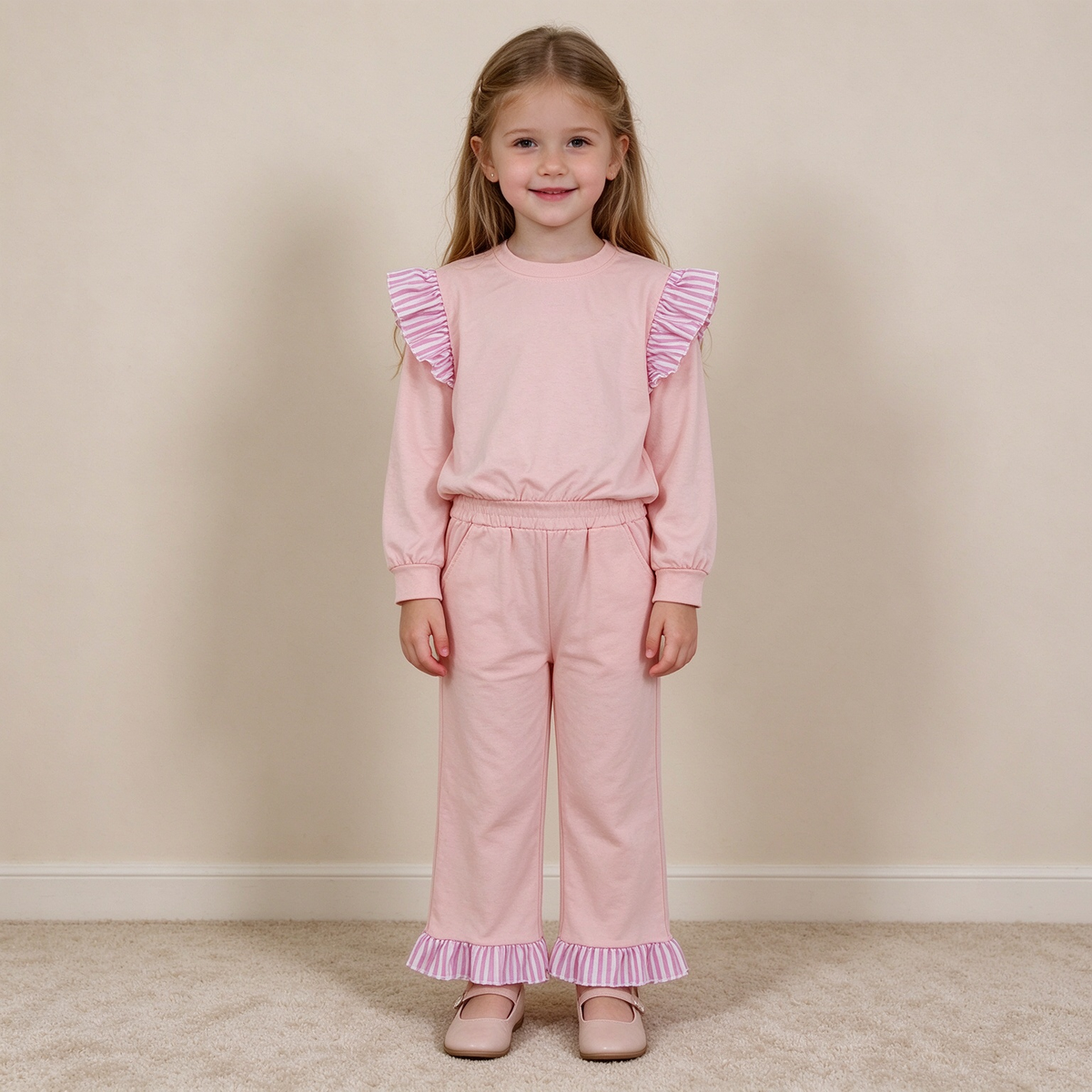 NEW RTS NO MOQ milk silk GLP3702（GT1849+P1151）Baby Girls Light Pink Stripe Flutter Sleeve Top Pockets Ruffle Pant Clothes Set